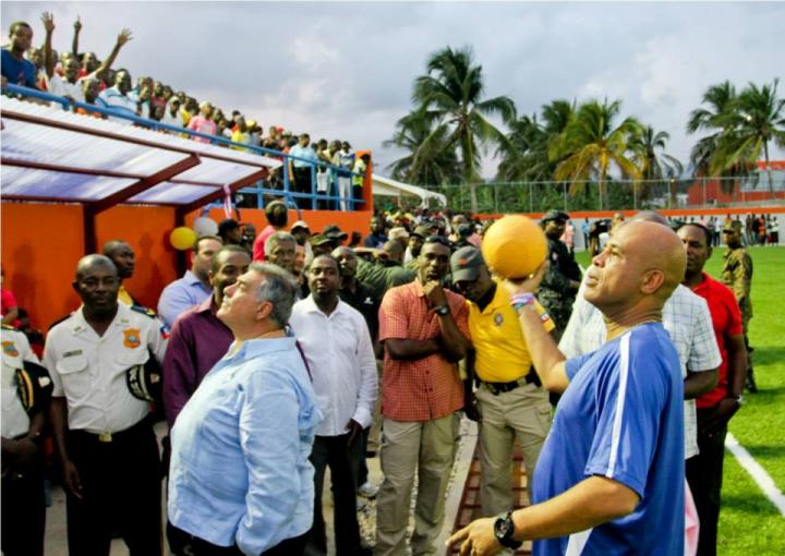 President Martelly greeting people on the newly inaugurated Jacmel Sports park