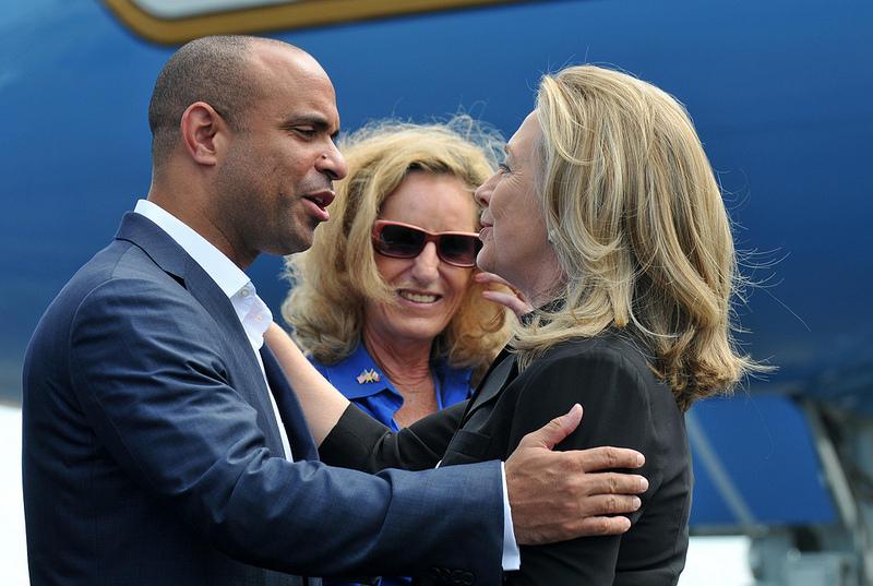 Secretary Clinton Is Greeted By Haitian Prime Minister Lamothe